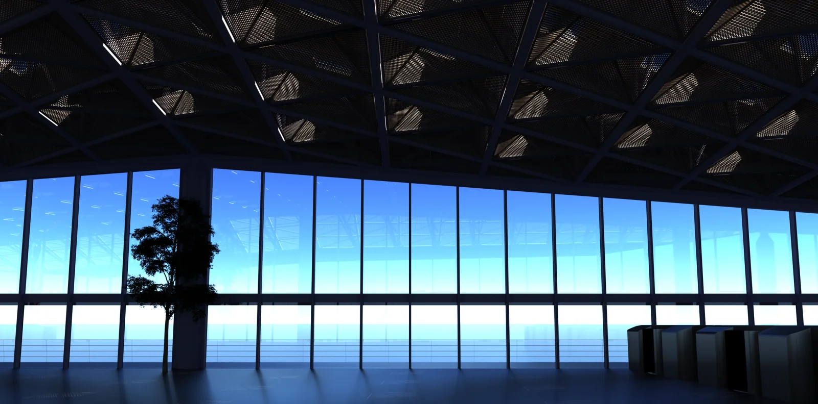 Interior clear sky scene rendered with a custom Earth sun and sky model.