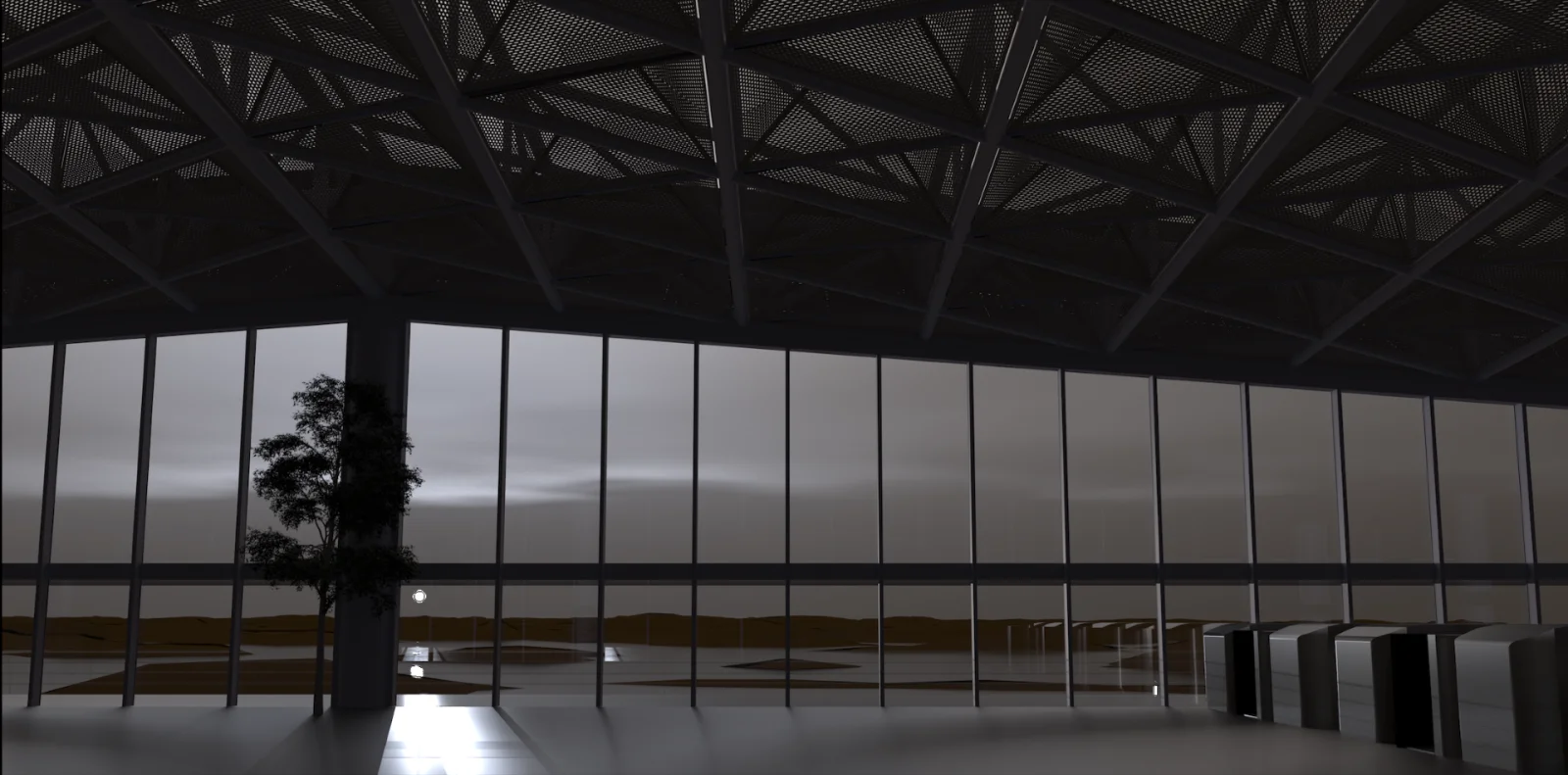 Interior scene rendered with a custom MCD v5.3 atmospheric profile with sun and sky model, cirrus ice clouds, and lakes in Arcadia using ESP_061075_2195: candidate landing site for SpaceX Starship in Arcadia region DTM.
